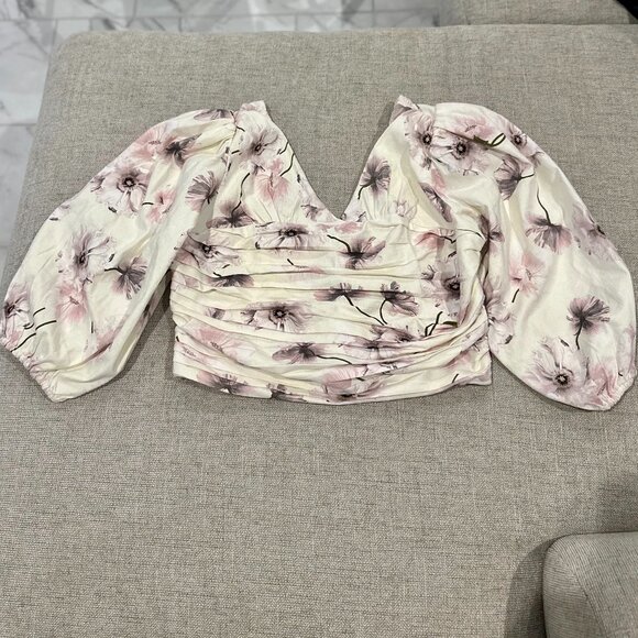 Express Women's Floral Print Linen-Blend Ruched Cropped Top Large - Picture 1 of 3